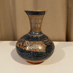Vintage Tonala Mexican Pottery Vase -‎ Hand-Painted Bird & Floral, 7.5”x7”